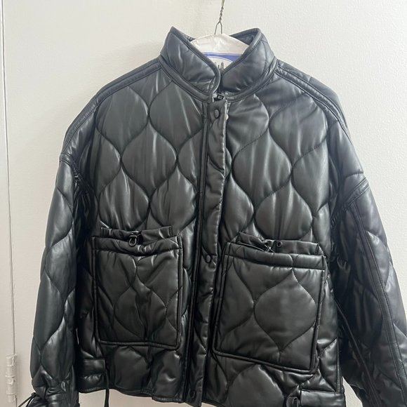 Zara Vegan Leather Quilted Padded Puffer Jacket Blogger Fav Black Sz Small - Picture 6 of 6